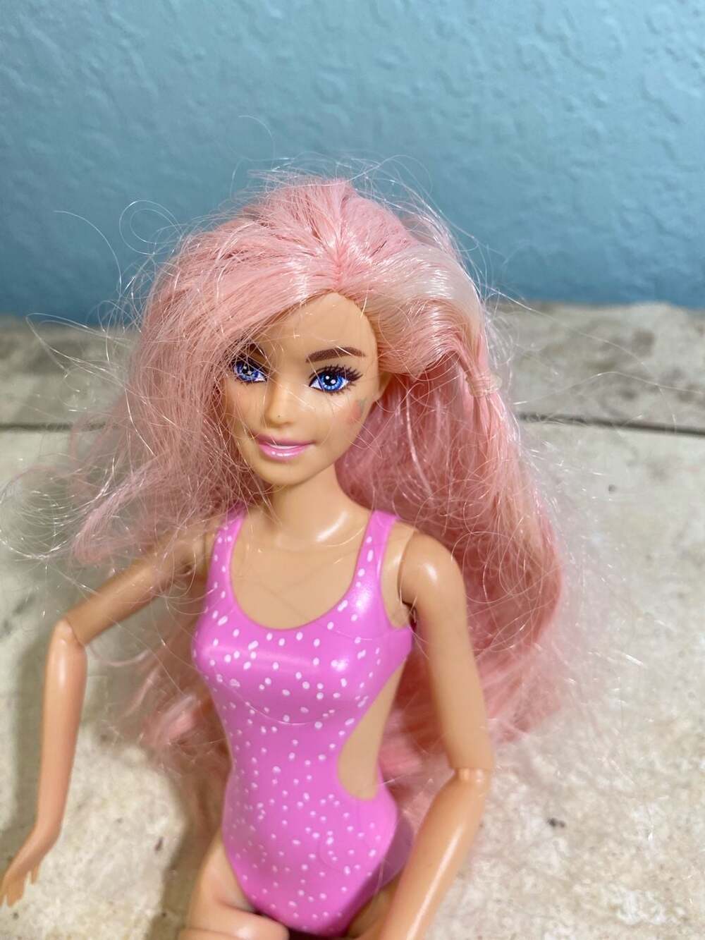 Barbie Doll Pink Hair Blue Eyes Articulated Body in Pink Polka Dot Swimsuit